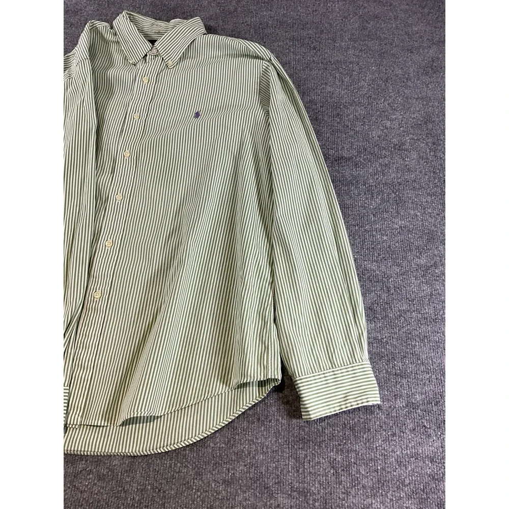 Polo Ralph Lauren XL Green White Striped Button Down Shirt Purple Pony Cotton